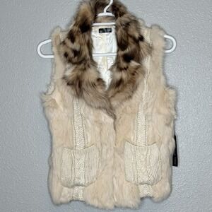 Love Token Rabbit Fur Vest Raccoon Collar Champagne Knit‎ Pockets Boho Chic M